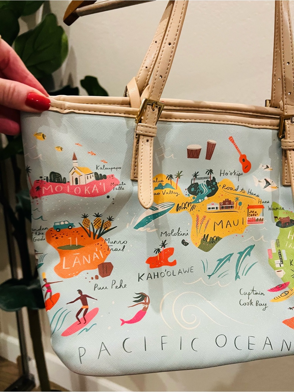 Map-Print Tote Bag in Light Blue and Tan